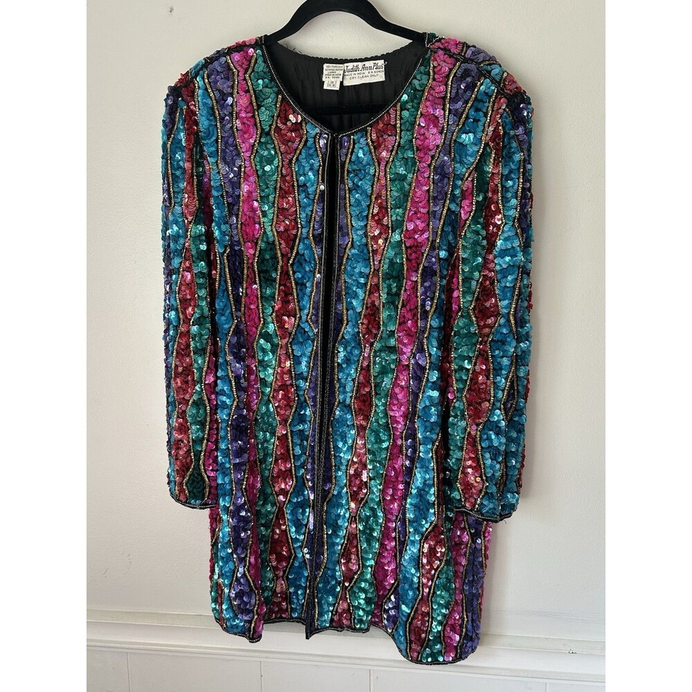 VTG Judith Ann Plus Sequin Jacket 1X Silk Hand Beaded Rainbow Duster 80s Glam